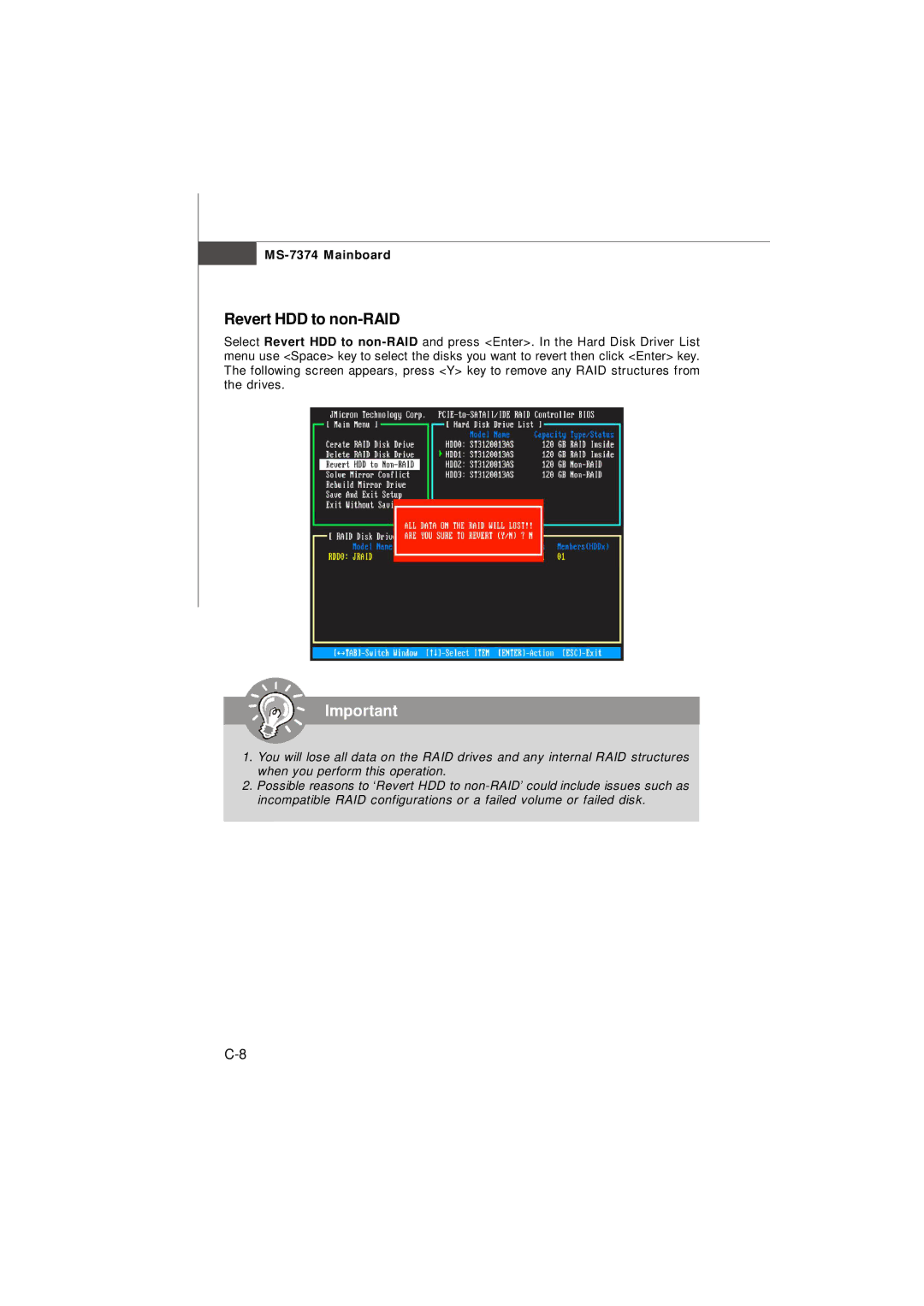 Nvidia MS-7374 manual Revert HDD to non-RAID 