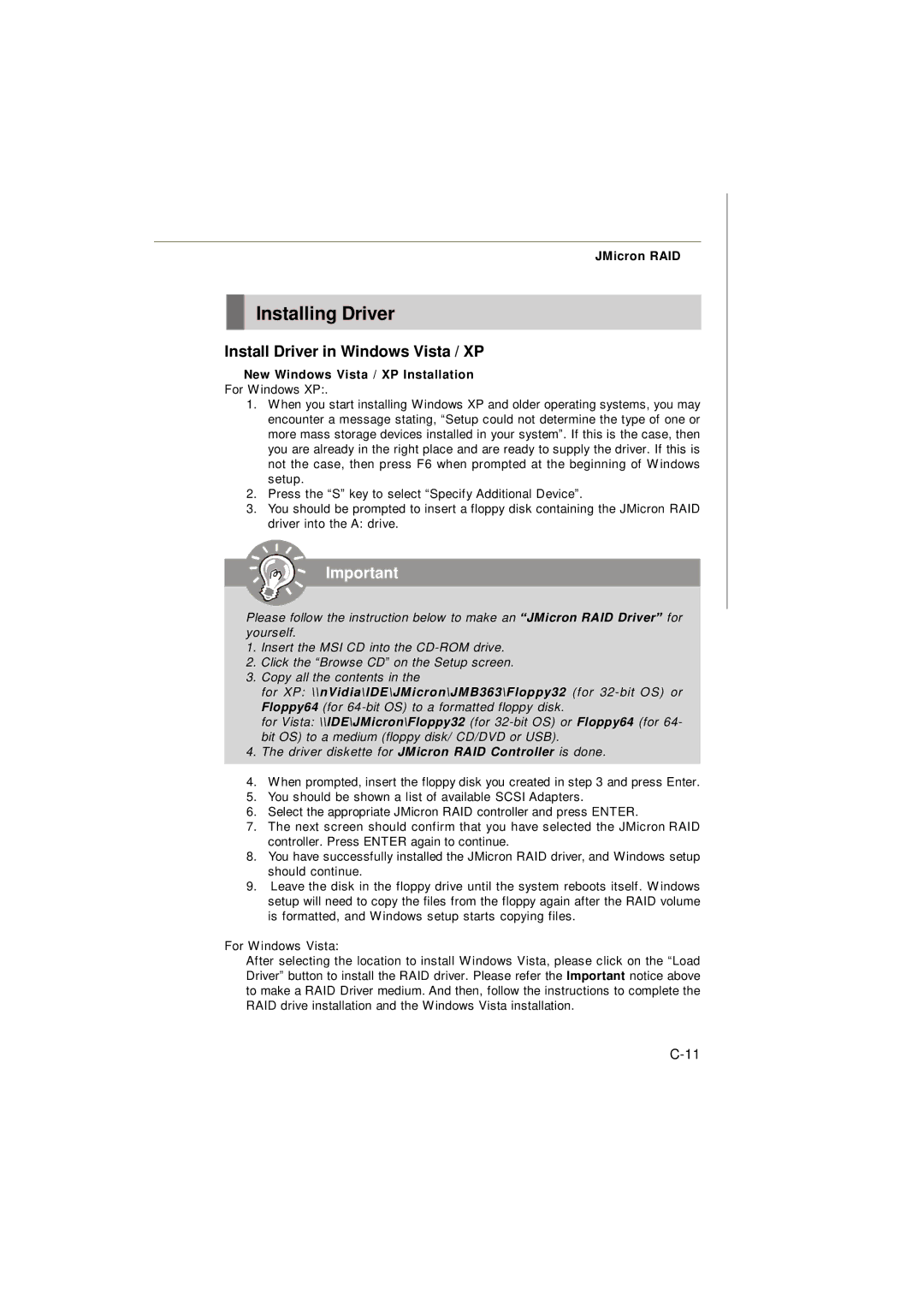 Nvidia MS-7374 manual Installing Driver, † New Windows Vista / XP Installation For Windows XP 