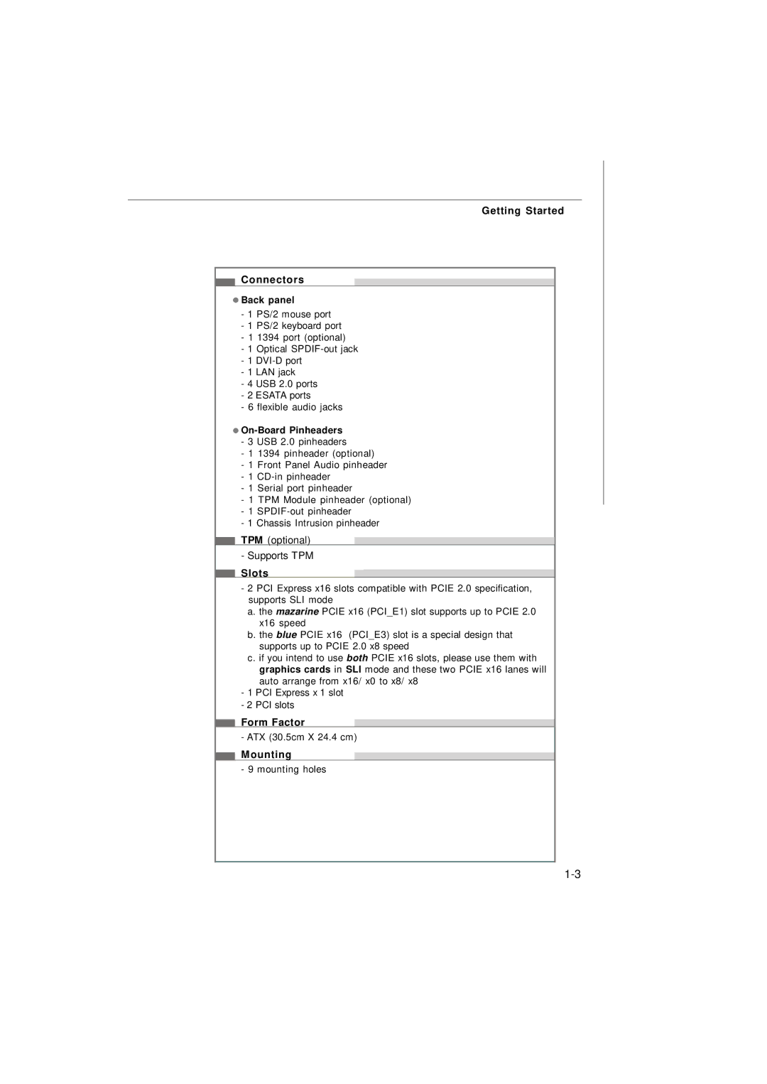 Nvidia MS-7374 manual Getting Started Connectors, Slots, Form Factor, Mounting 