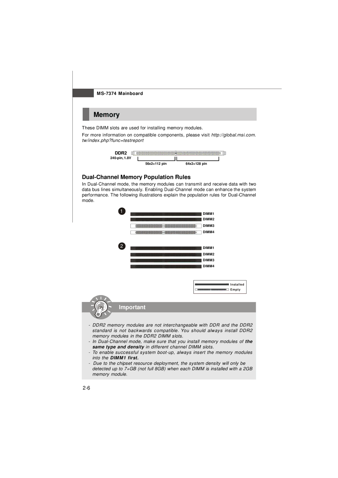 Nvidia MS-7374 manual Dual-Channel Memory Population Rules, DDR2 