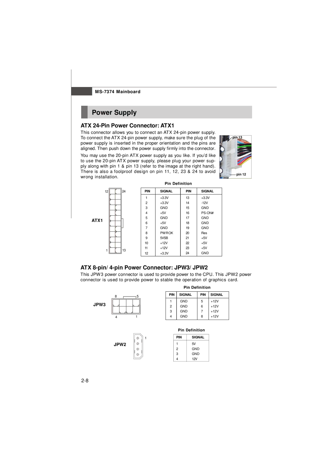 Nvidia MS-7374 manual Power Supply, ATX 24-Pin Power Connector ATX1, ATX 8-pin/ 4-pin Power Connector JPW3/ JPW2, JPW3 JPW2 