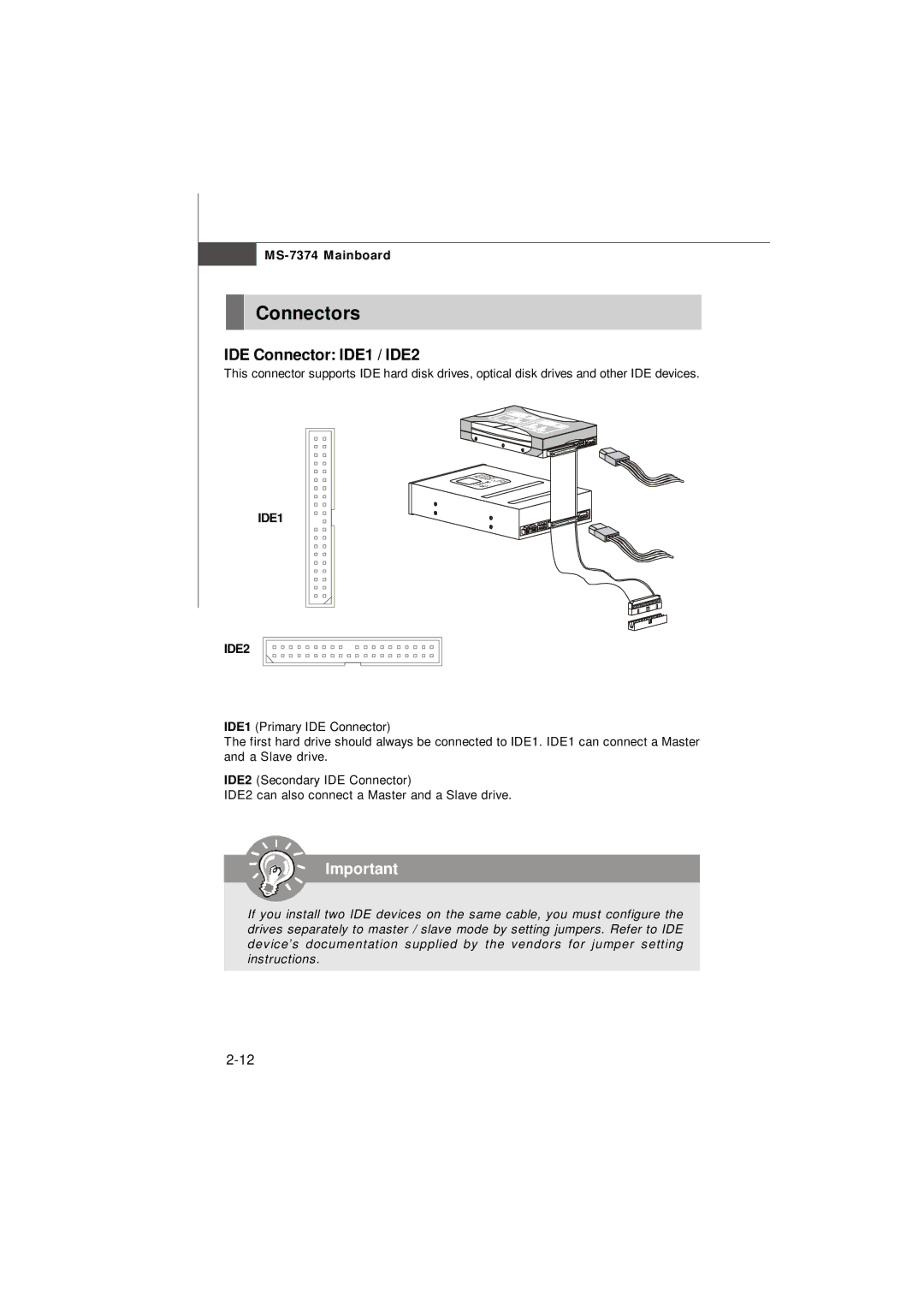 Nvidia MS-7374 manual Connectors, IDE Connector IDE1 / IDE2, IDE1 IDE2 