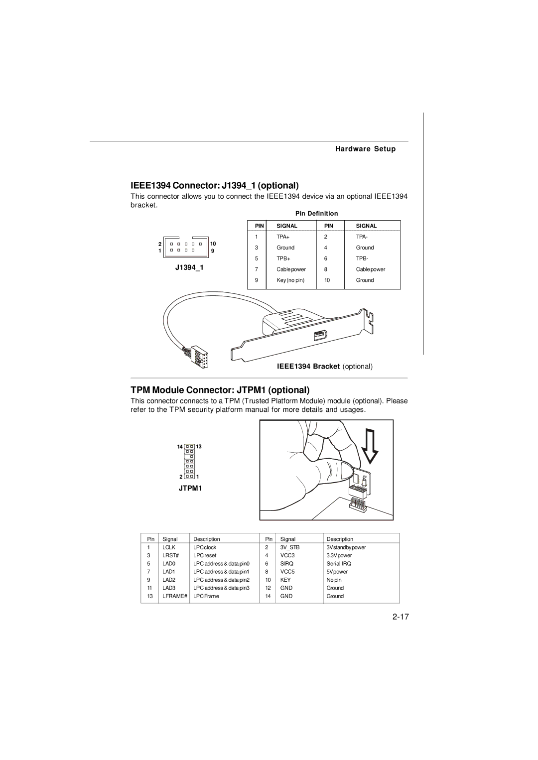 Nvidia MS-7374 manual IEEE1394 Connector J13941 optional, TPM Module Connector JTPM1 optional, IEEE1394 Bracket optional 