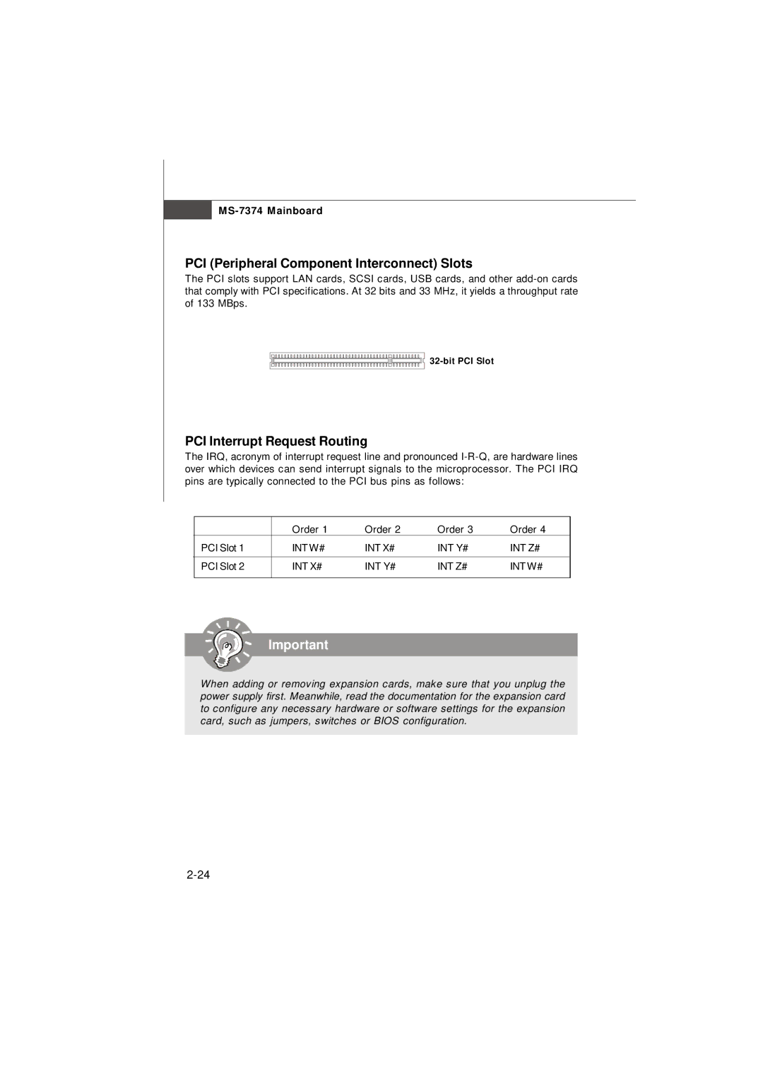 Nvidia MS-7374 manual PCI Peripheral Component Interconnect Slots, PCI Interrupt Request Routing 