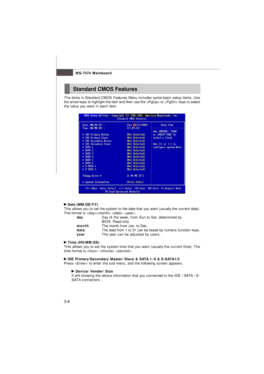 Nvidia MS-7374 manual Standard Cmos Features 