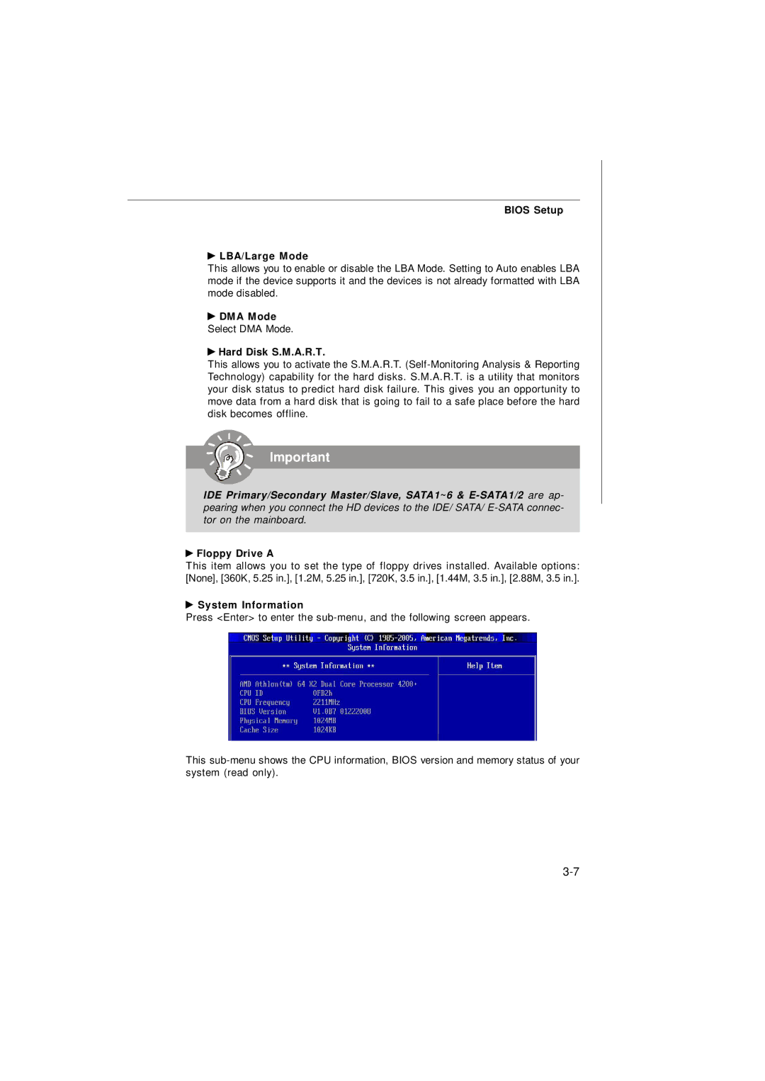 Nvidia MS-7374 manual Bios Setup LBA/Large Mode, DMA Mode, Hard Disk S.M.A.R.T, Floppy Drive a, System Information 