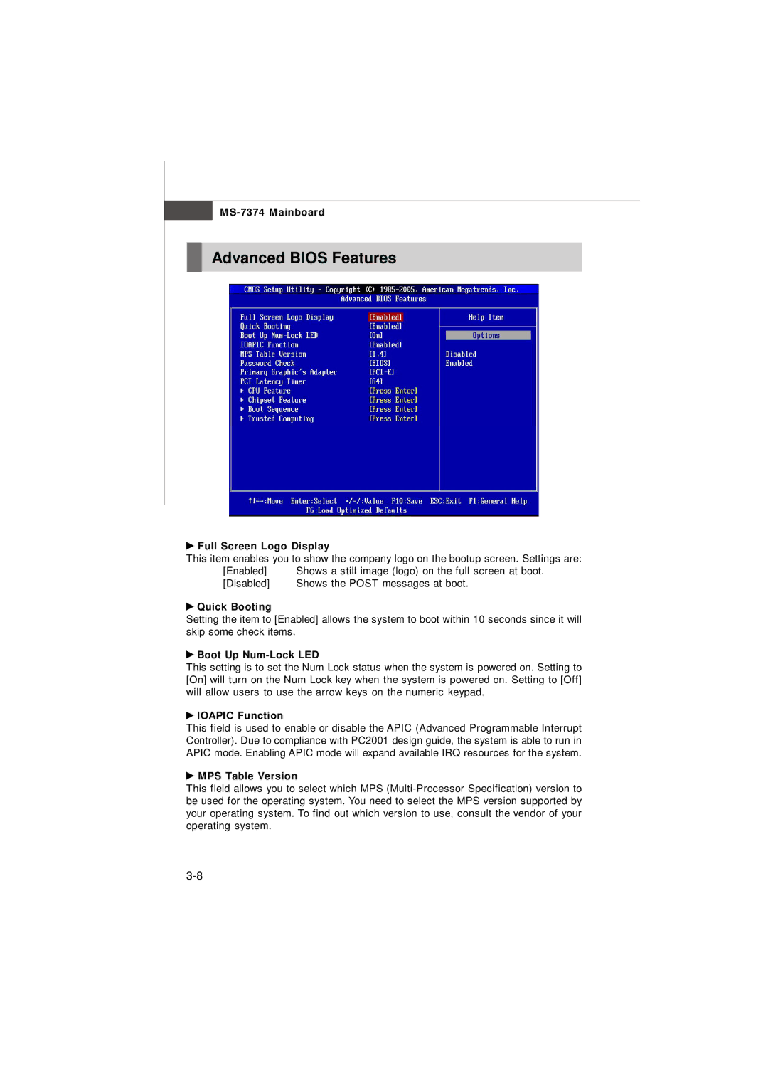 Nvidia MS-7374 manual Advanced Bios Features 