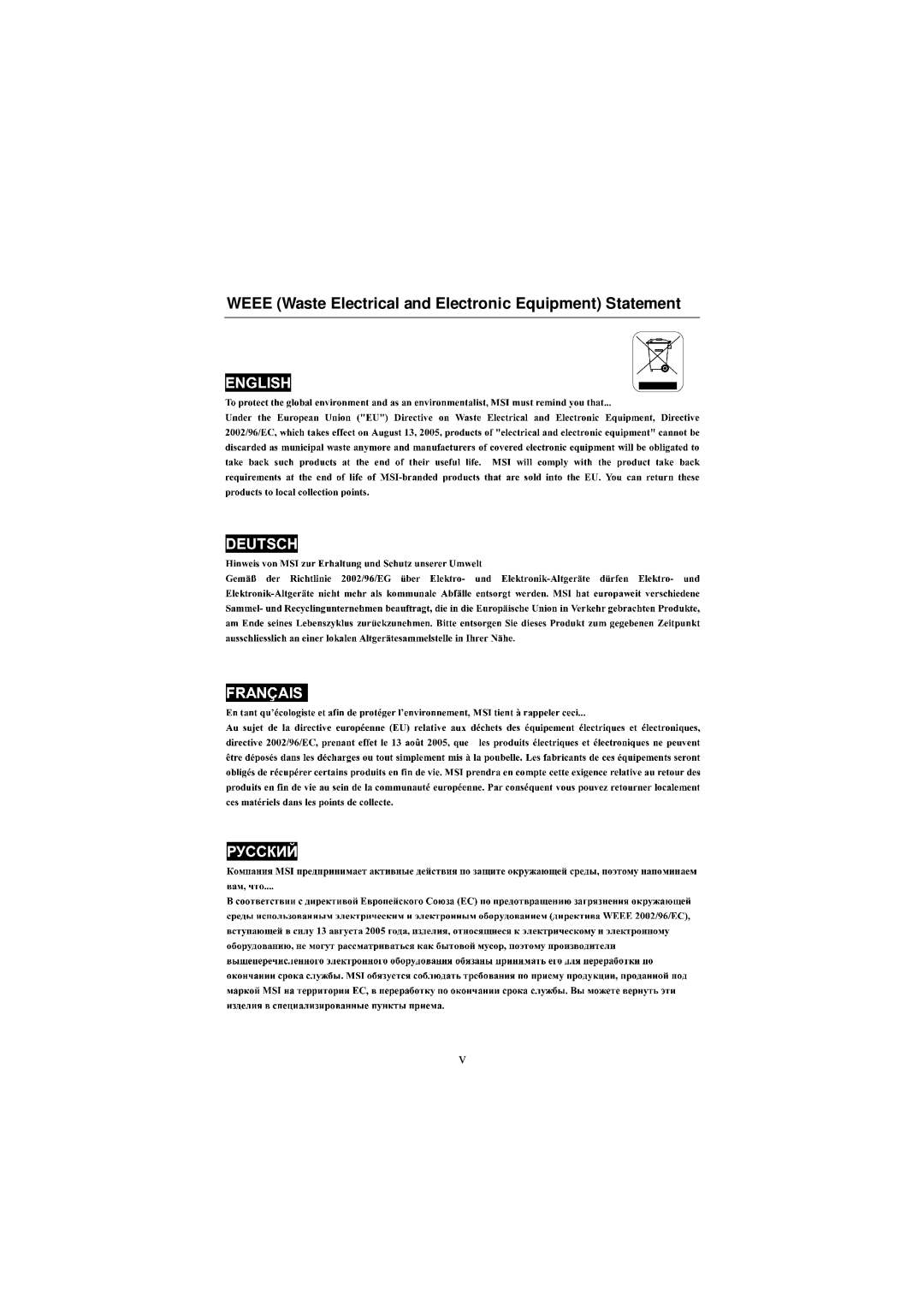 Nvidia MS-7374 manual Weee Waste Electrical and Electronic Equipment Statement 