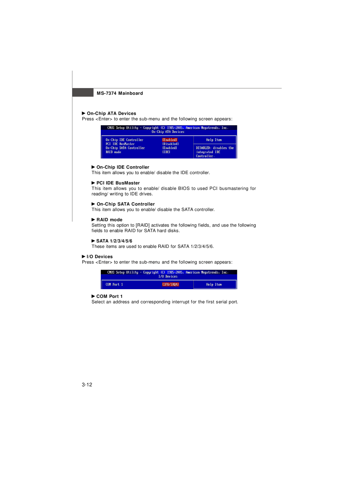 Nvidia manual MS-7374 Mainboard On-Chip ATA Devices, On-Chip IDE Controller, PCI IDE BusMaster, On-Chip Sata Controller 