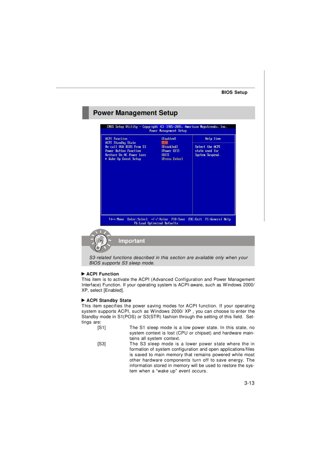 Nvidia MS-7374 manual Power Management Setup, Acpi Function, Acpi Standby State 