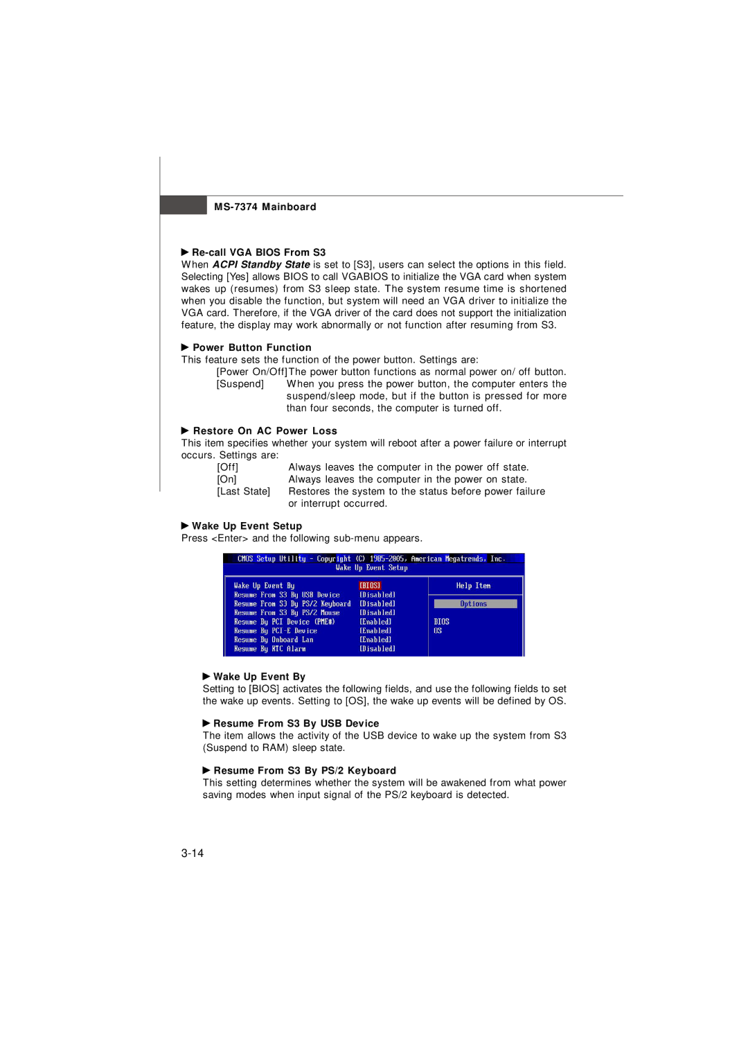 Nvidia MS-7374 Mainboard Re-call VGA Bios From S3, Power Button Function, Restore On AC Power Loss, Wake Up Event Setup 