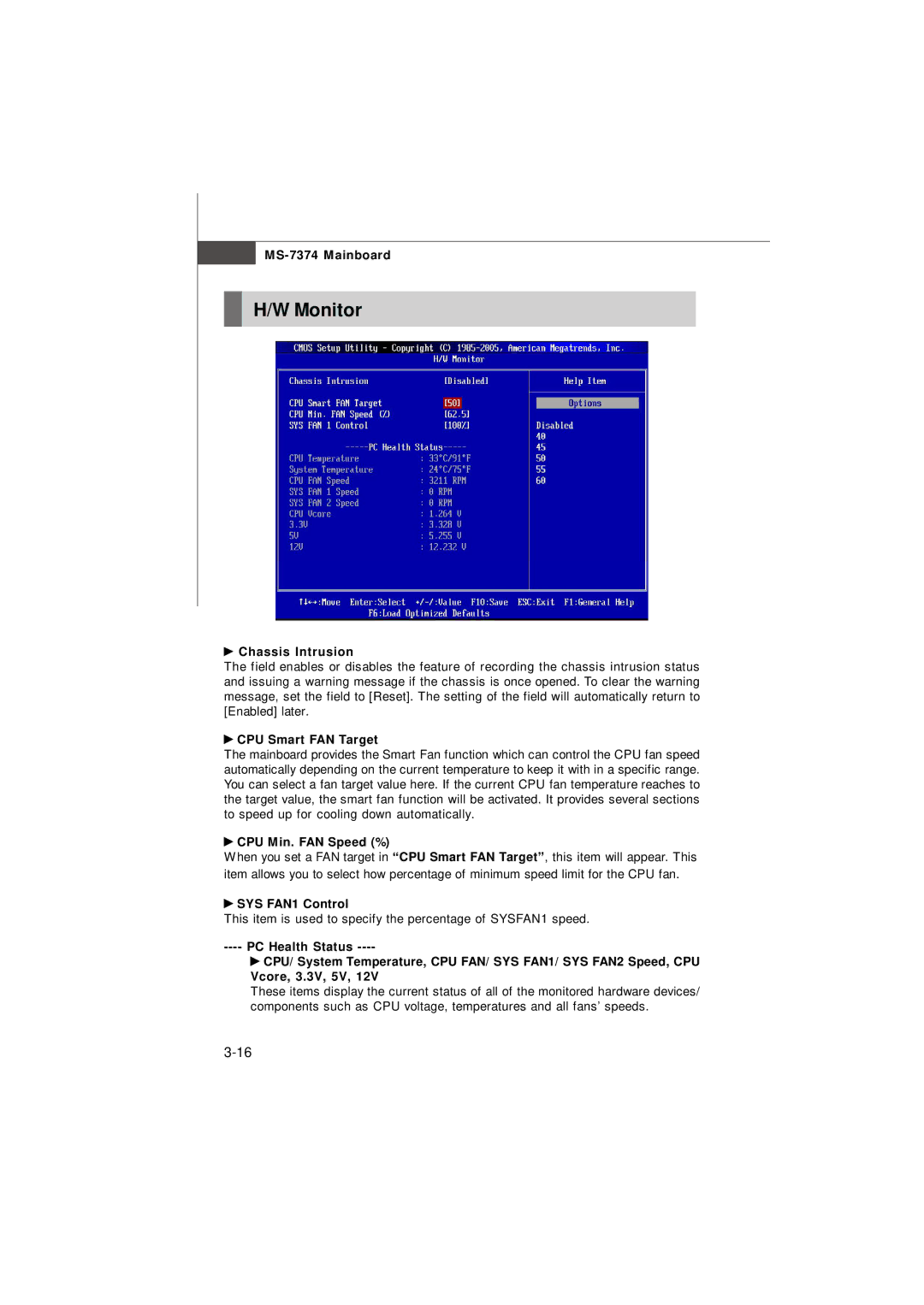 Nvidia MS-7374 manual Monitor, Chassis Intrusion, CPU Smart FAN Target, CPU Min. FAN Speed %, SYS FAN1 Control 