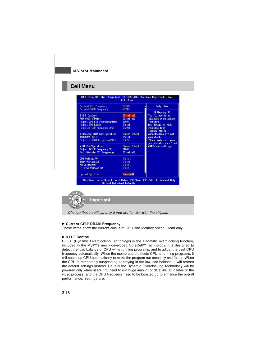 Nvidia MS-7374 manual Cell Menu, Current CPU/ Dram Frequency, T Control 