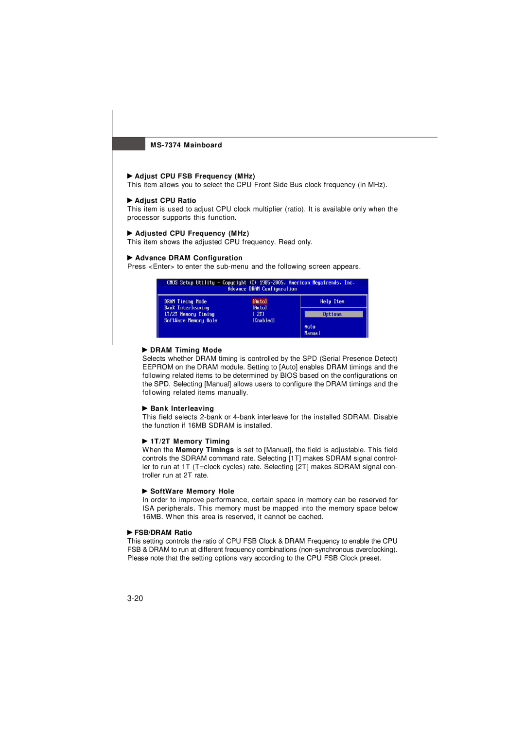 Nvidia MS-7374 Mainboard Adjust CPU FSB Frequency MHz, Adjust CPU Ratio, Adjusted CPU Frequency MHz, Dram Timing Mode 