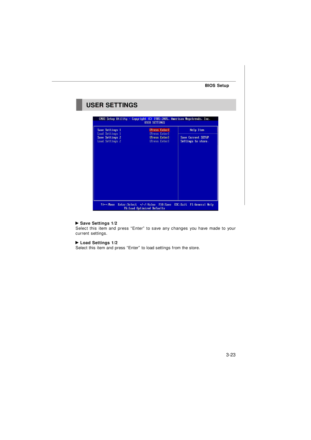 Nvidia MS-7374 manual Save Settings 1/2, Load Settings 1/2 