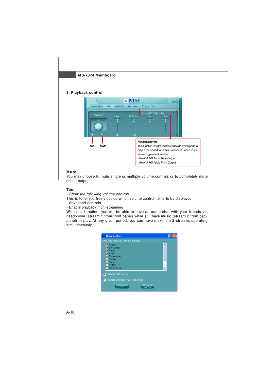 Nvidia manual MS-7374 Mainboard Playback control, Ute, Tool 