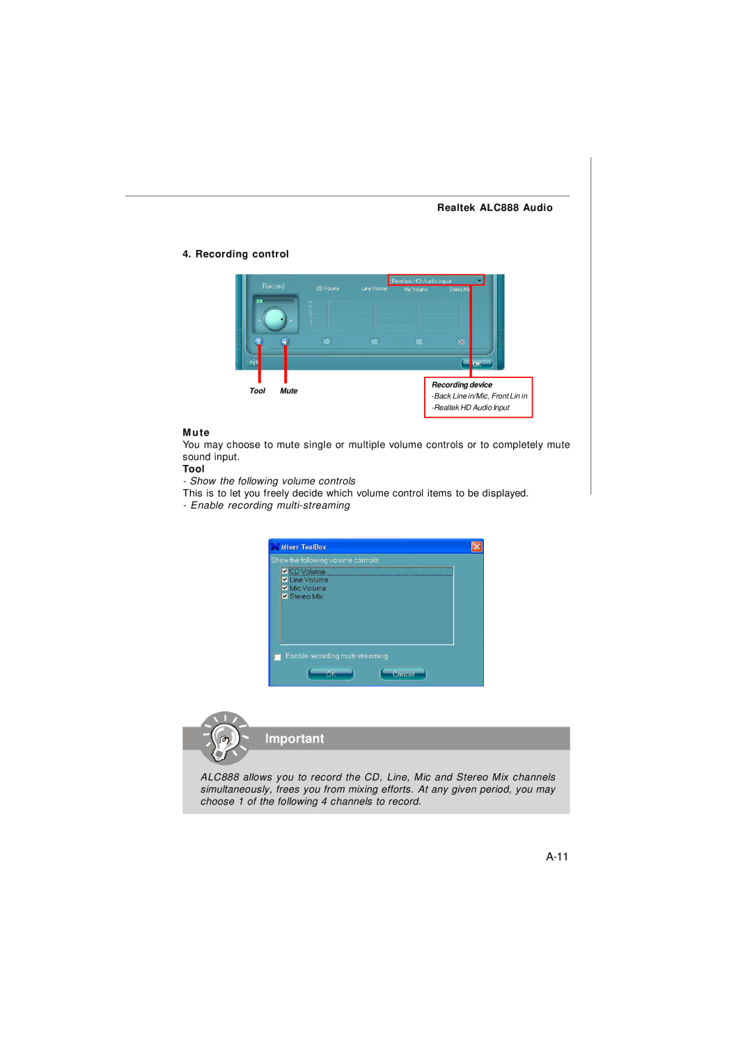 Nvidia MS-7374 manual Recording control, Ute Realtek ALC888 Audio 