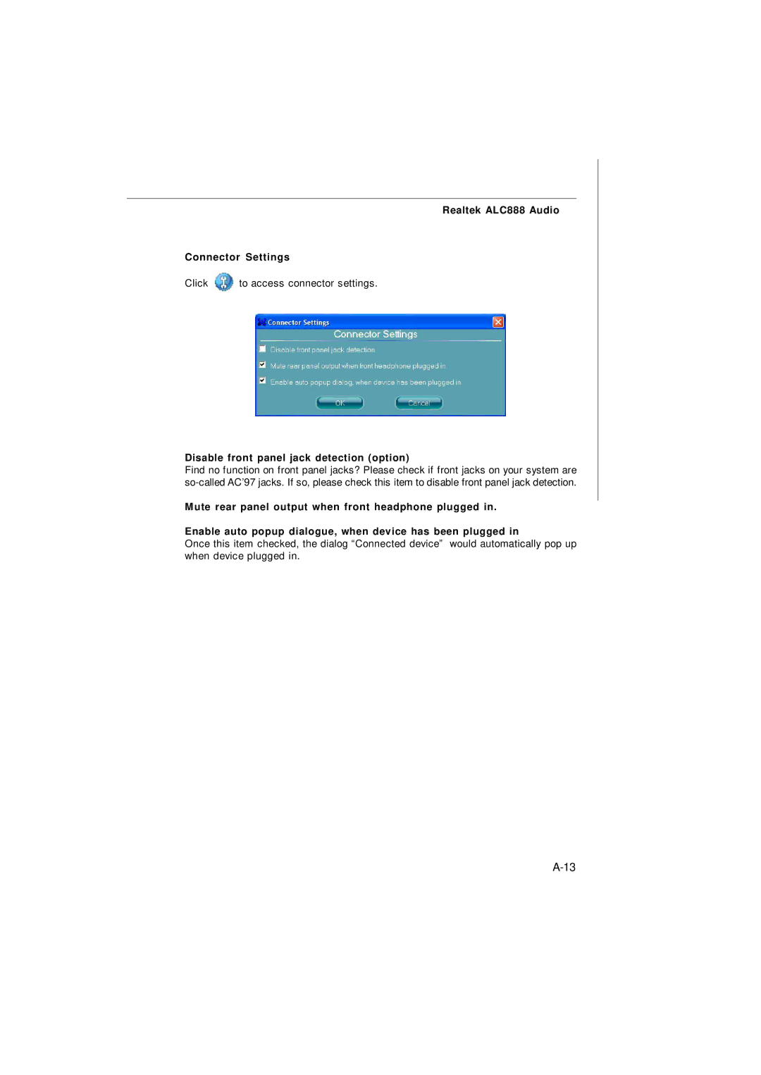 Nvidia MS-7374 manual Realtek ALC888 Audio Connector Settings, Disable front panel jack detection option 