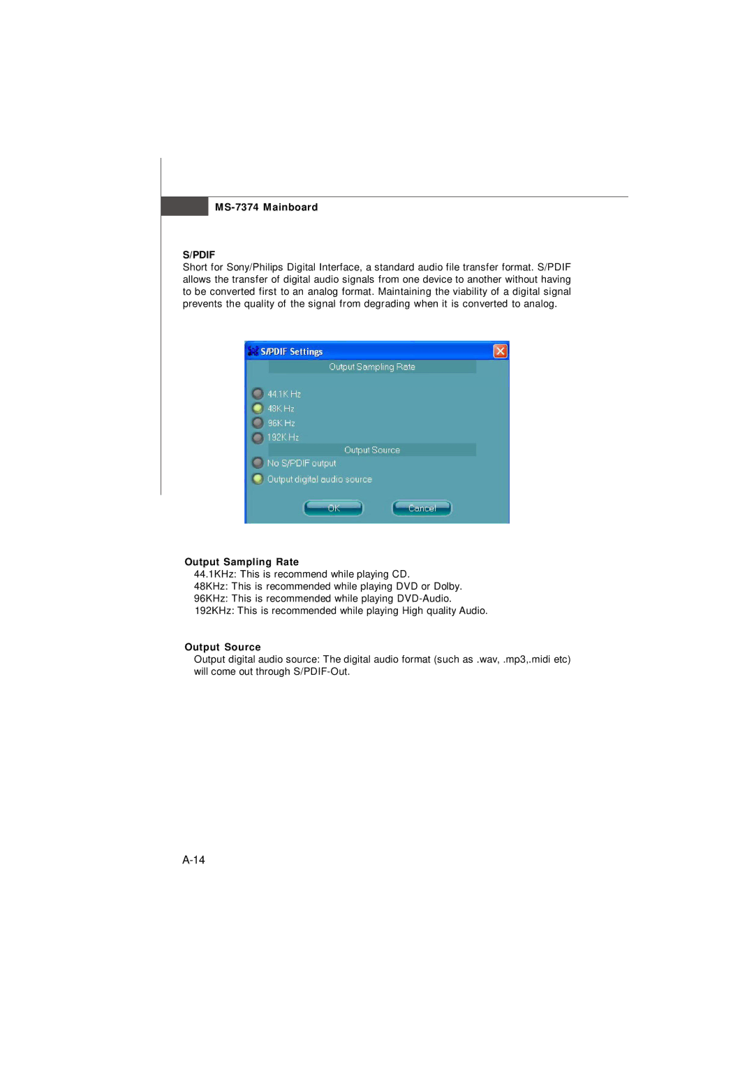 Nvidia MS-7374 manual Pdif, Output Sampling Rate, Output Source 