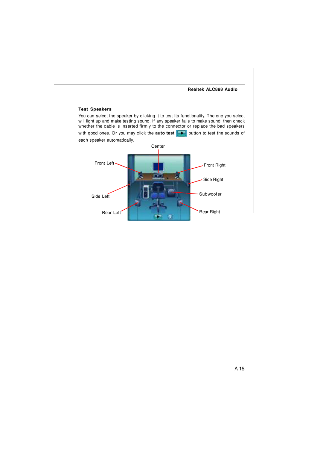 Nvidia MS-7374 manual Realtek ALC888 Audio Test Speakers 