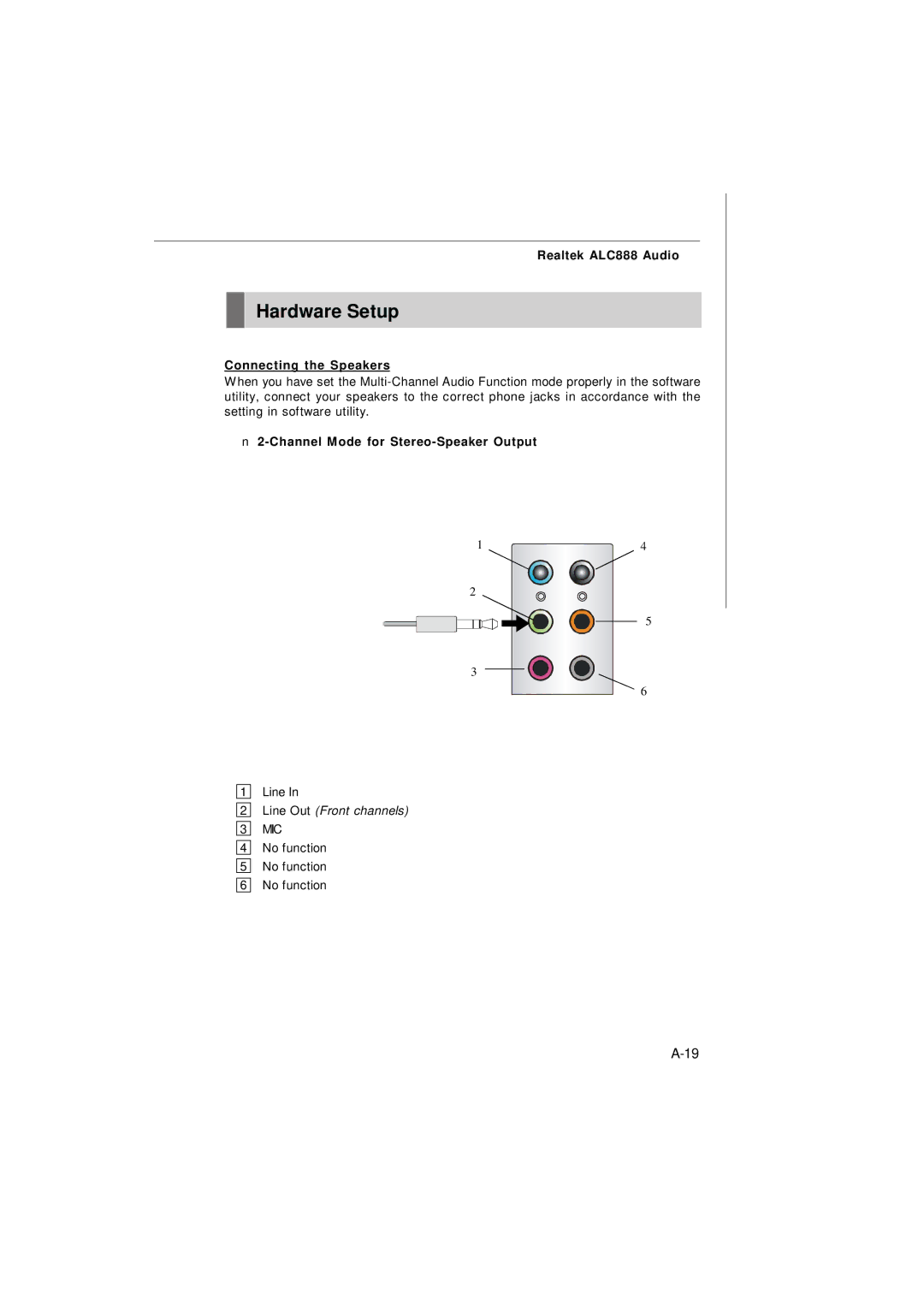 Nvidia MS-7374 manual Hardware Setup, Connecting the Speakers, Channel Mode for Stereo-Speaker Output 