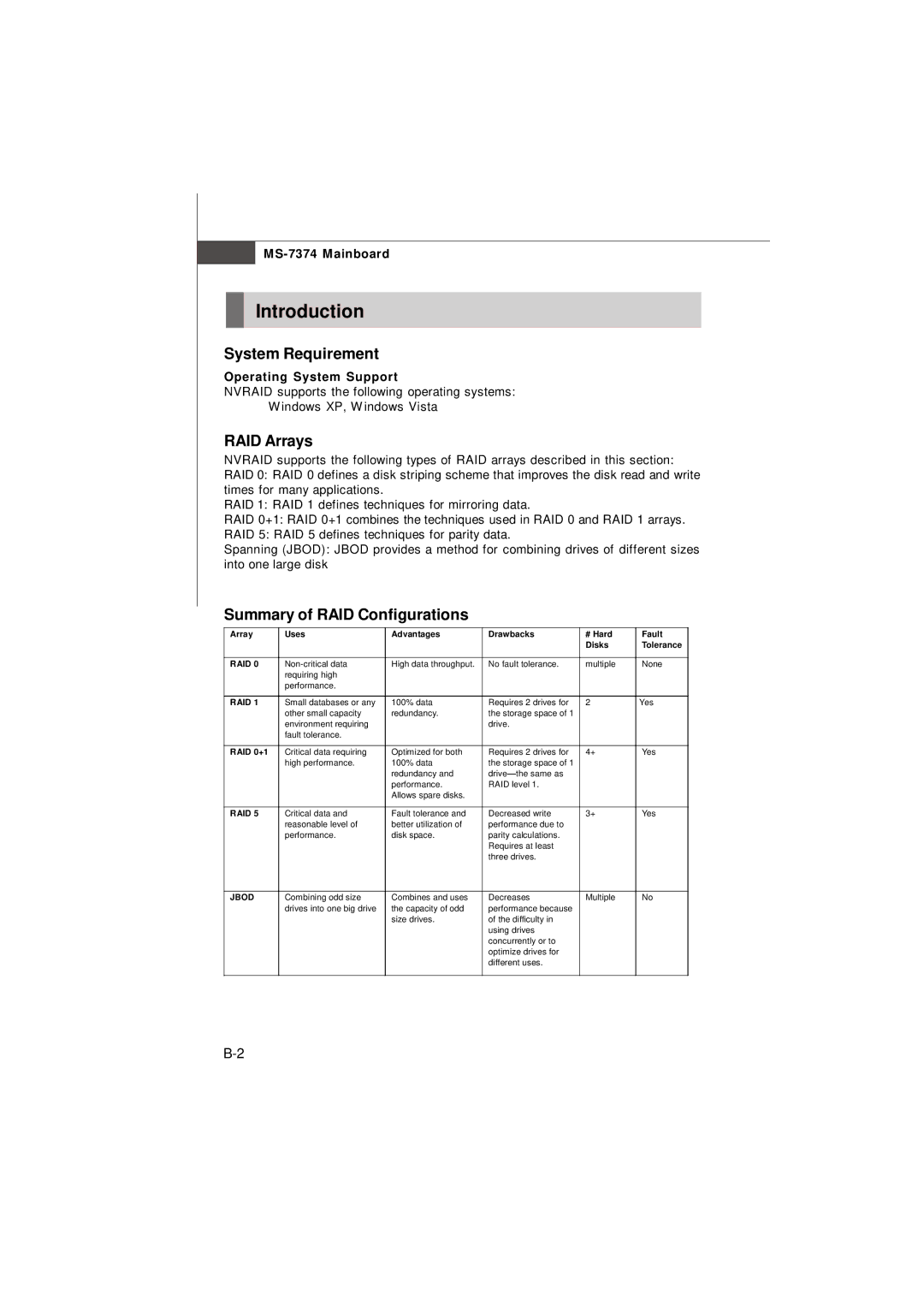 Nvidia MS-7374 Introduction, System Requirement, RAID Arrays, Summary of RAID Configurations, Operating System Support 