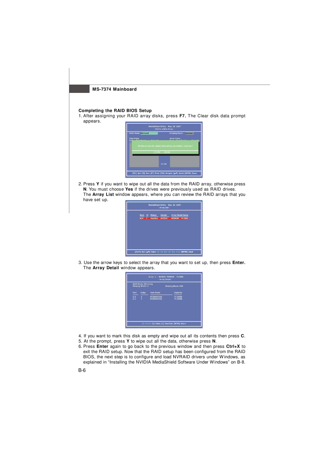 Nvidia manual MS-7374 Mainboard Completing the RAID Bios Setup 