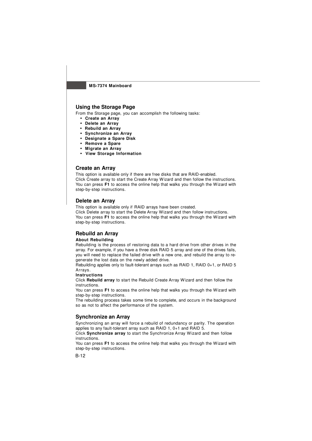 Nvidia MS-7374 manual Using the Storage, Create an Array, Delete an Array, Rebuild an Array, Synchronize an Array 