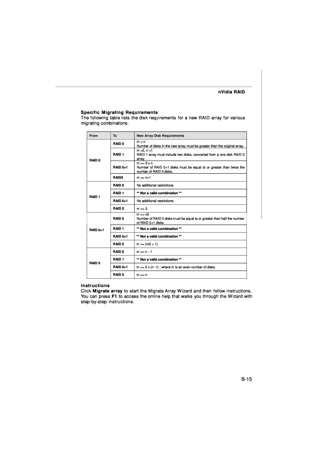 Nvidia MS-7374 manual B-15, nVidia RAID Specific Migrating Requirements, Instructions 