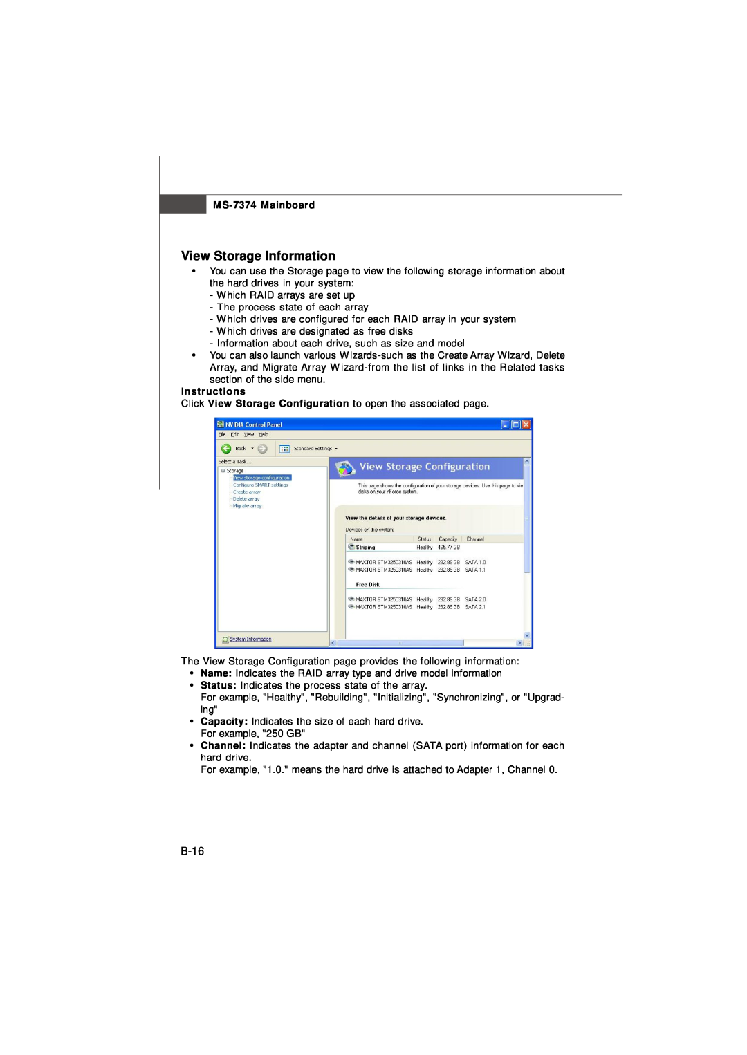 Nvidia manual View Storage Information, B-16, MS-7374 Mainboard, Instructions 