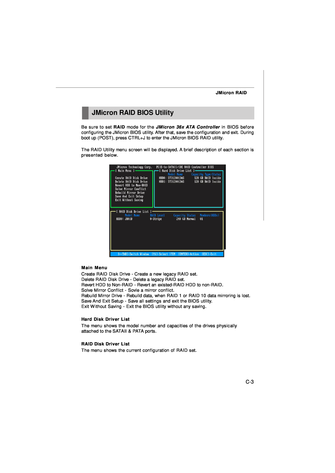 Nvidia MS-7374 manual JMicron RAID BIOS Utility, Hard Disk Driver List, RAID Disk Driver List, Main Menu 