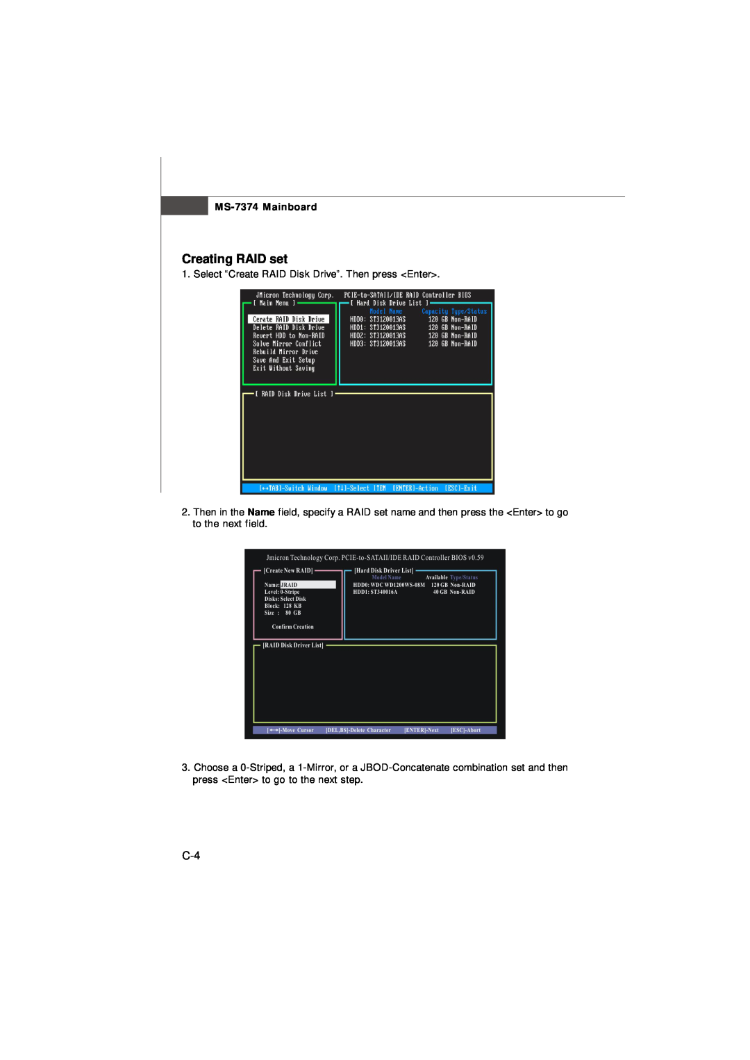 Nvidia manual Creating RAID set, MS-7374 Mainboard 
