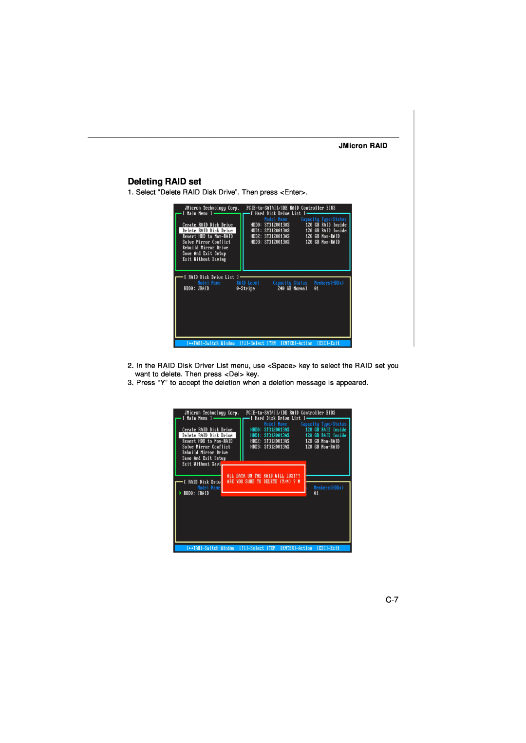 Nvidia MS-7374 manual Deleting RAID set, JMicron RAID 