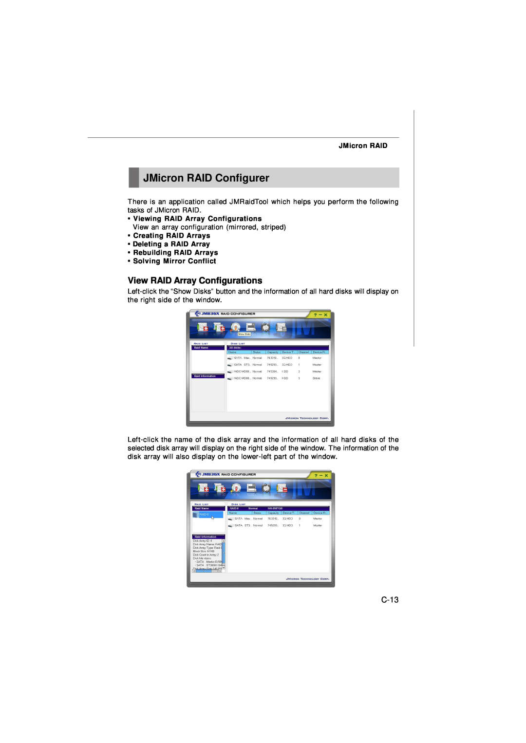 Nvidia MS-7374 manual JMicron RAID Configurer, View RAID Array Configurations, C-13, Viewing RAID Array Configurations 