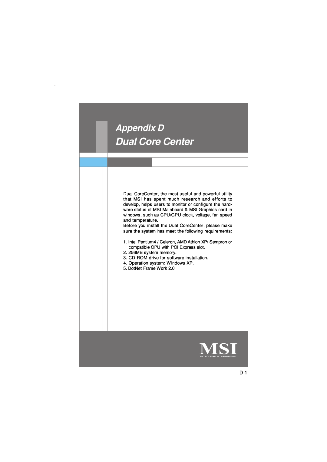 Nvidia MS-7374 manual Dual Core Center, Appendix D 