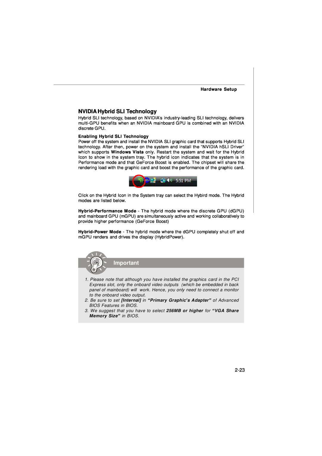 Nvidia MS-7374 manual NVIDIA Hybrid SLI Technology, 2-23, Enabling Hybrid SLI Technology, Hardware Setup 