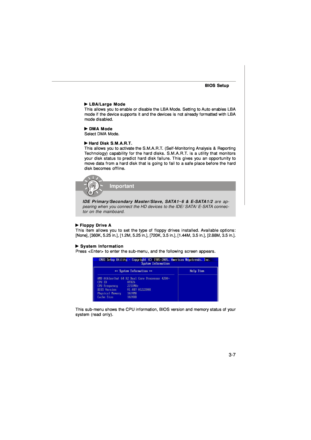 Nvidia MS-7374 manual BIOS Setup LBA/Large Mode, DMA Mode, Hard Disk S.M.A.R.T, Floppy Drive A, System Information 