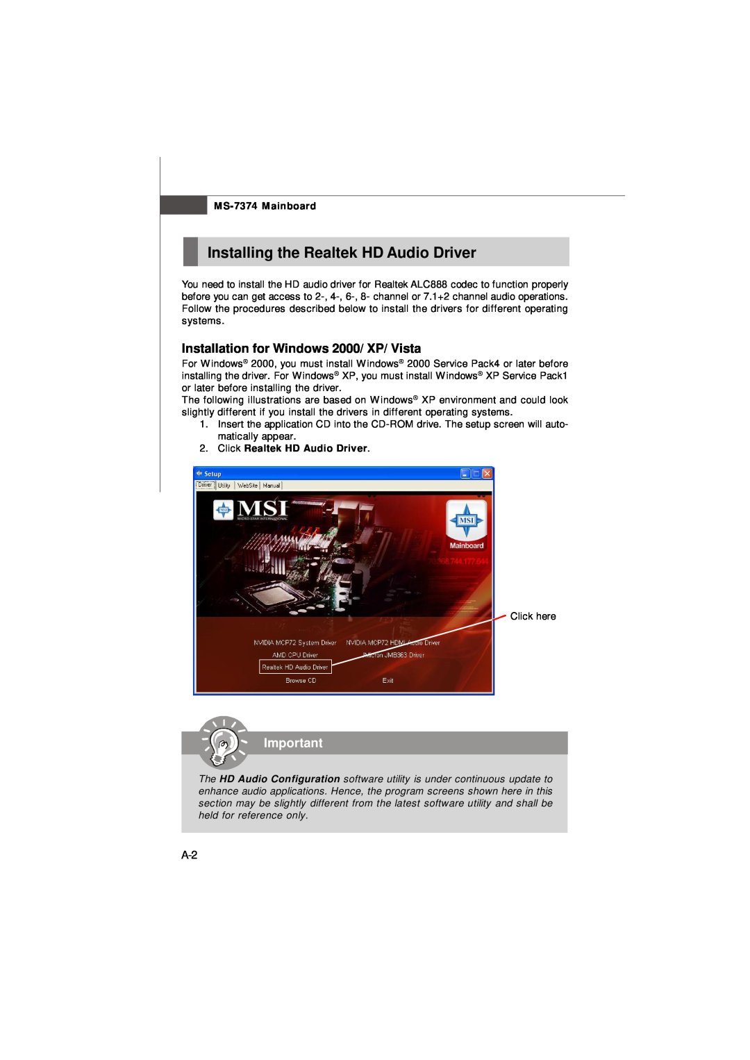 Nvidia manual Installing the Realtek HD Audio Driver, Installation for Windows 2000/ XP/ Vista, MS-7374 Mainboard 