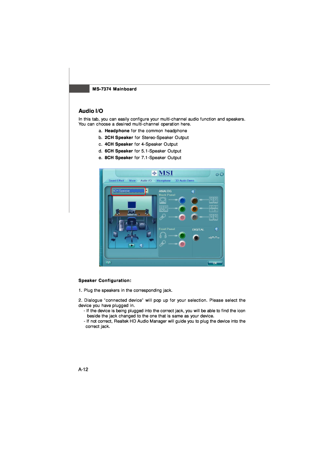 Nvidia manual Audio I/O, A-12, Speaker Configuration, MS-7374 Mainboard 