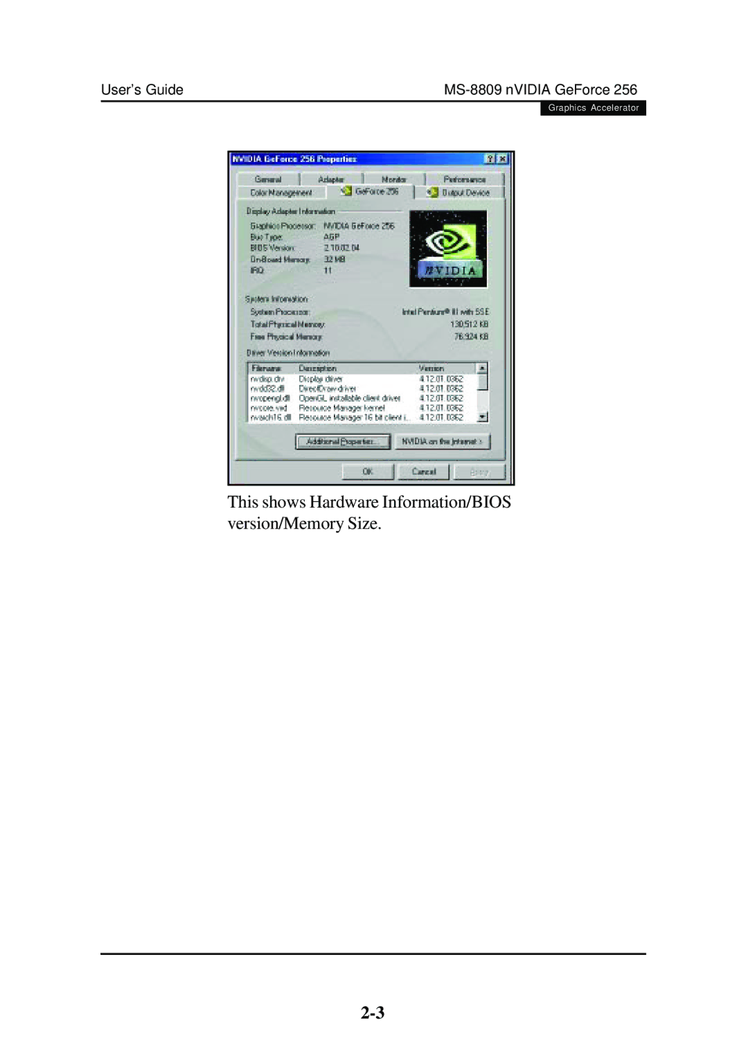 Nvidia VERSION 1.0 2000/03/03 ROC, nVIDIA GeForce 256 manual This shows Hardware Information/BIOS version/Memory Size 