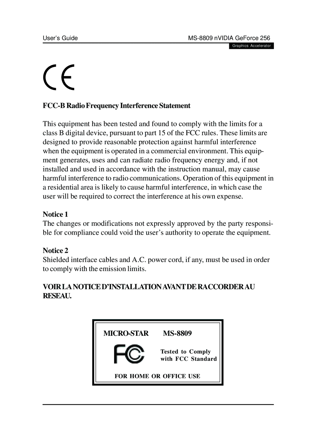 Nvidia nVIDIA GeForce 256, VERSION 1.0 2000/03/03 ROC manual FCC-B Radio Frequency Interference Statement 