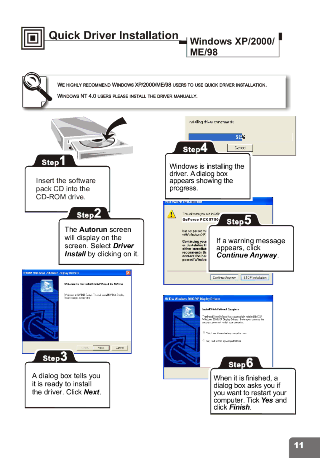 Nvidia PCI Express Series user manual Quick Driver Installation, Windows XP/2000 ME/98 