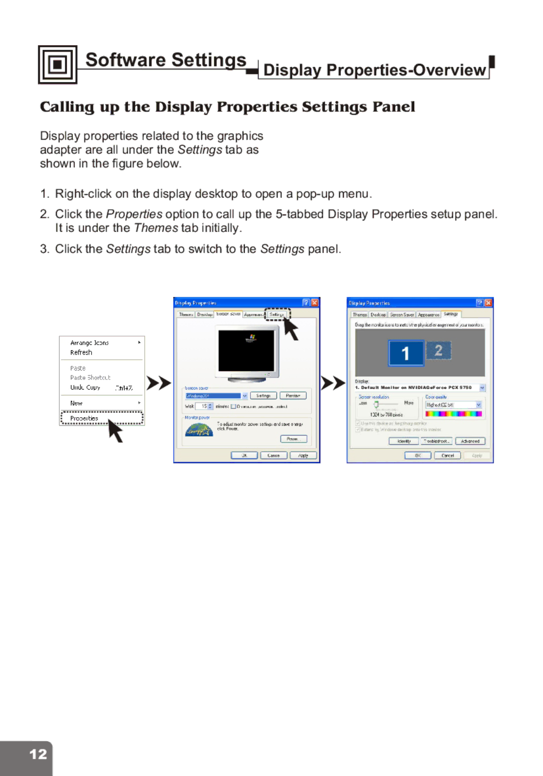 Nvidia PCI Express Series Software Settings Display Properties-Overview, Calling up the Display Properties Settings Panel 