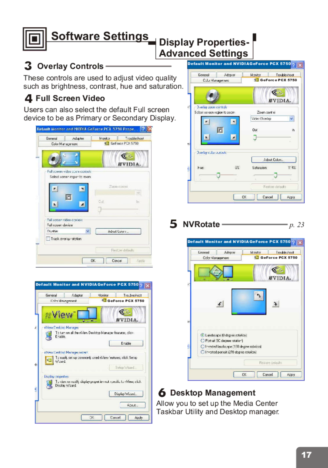 Nvidia PCI Express Series user manual Overlay Controls, Full Screen Video, Desktop Management 