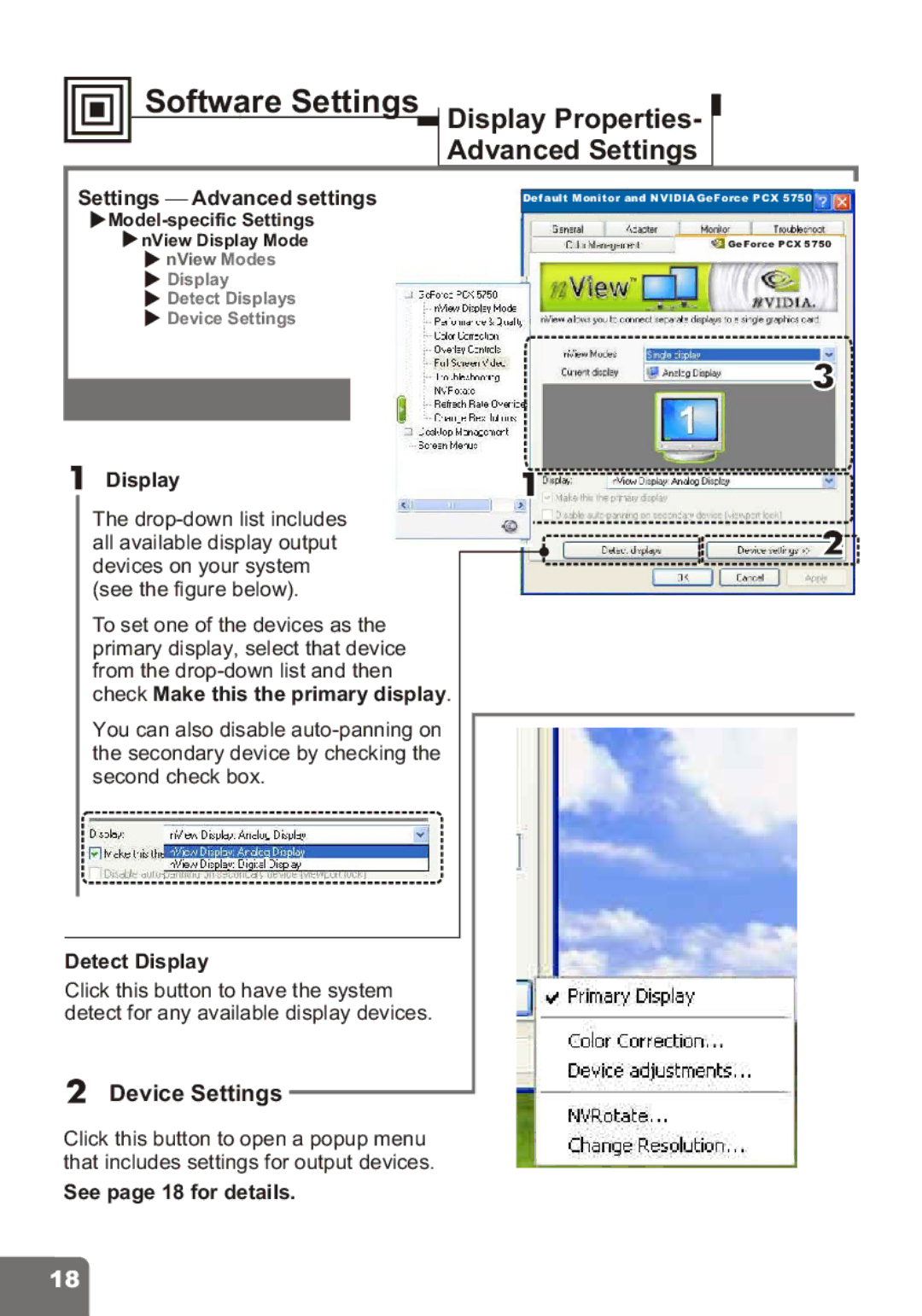 Nvidia PCI Express Series user manual Device Settings, Display1, Detect Display, See page 18 for details 