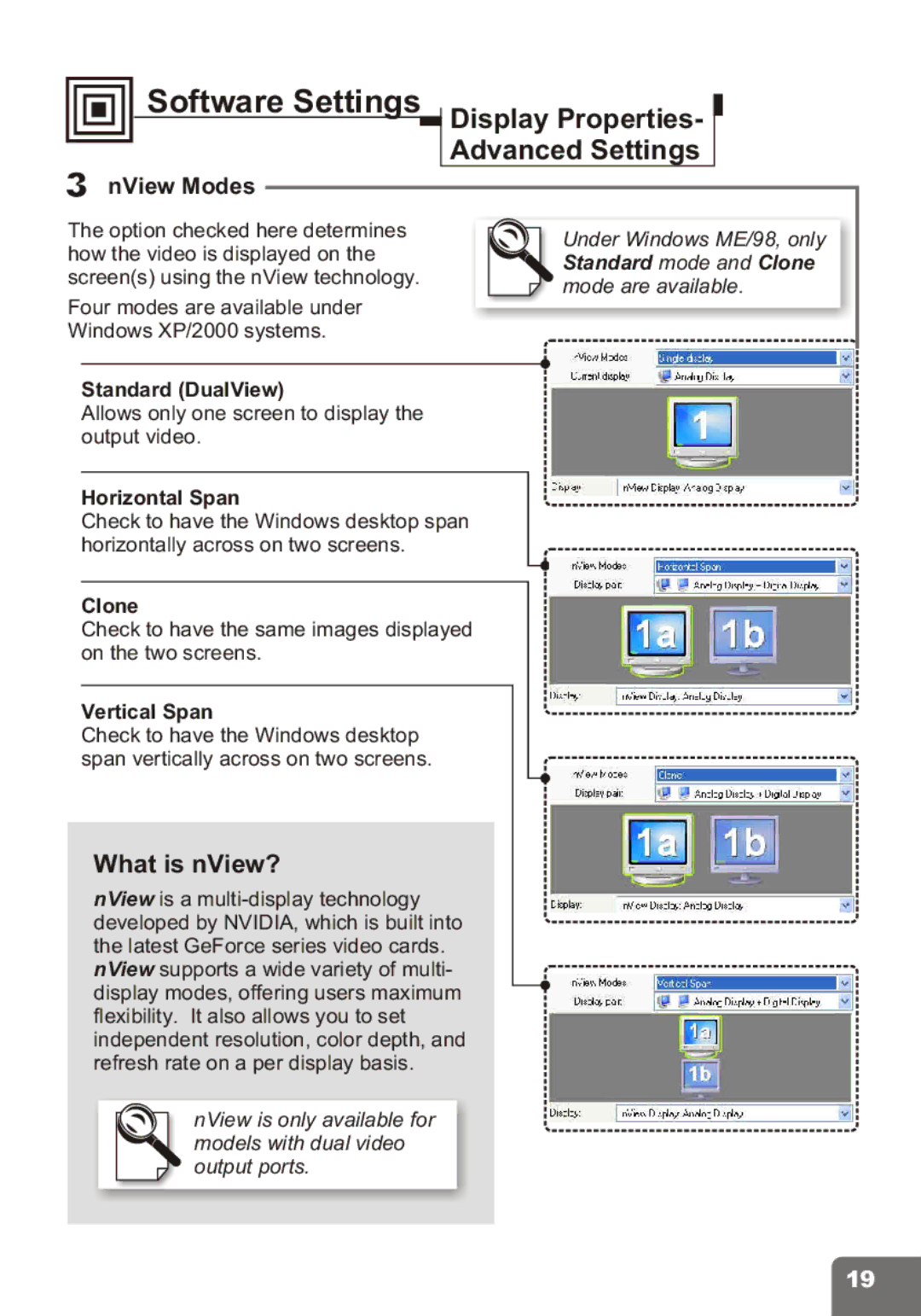 Nvidia PCI Express Series user manual NView Modes, Standard DualView, Horizontal Span, Clone, Vertical Span 