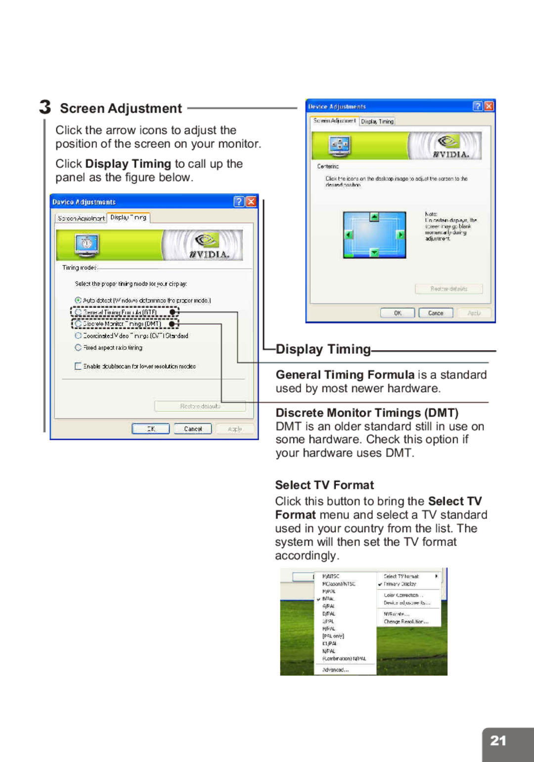 Nvidia PCI Express Series Screen Adjustment, Display Timing, General Timing Formula is a standard, Select TV Format 