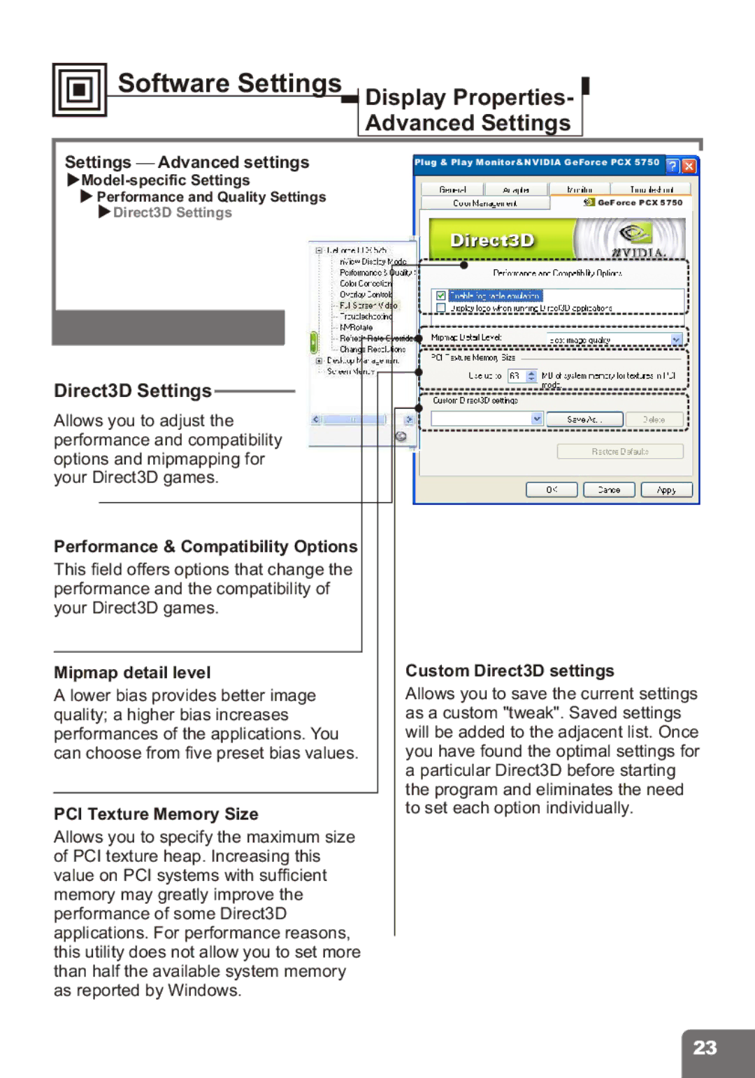 Nvidia PCI Express Series user manual Performance & Compatibility Options, Mipmap detail level Custom Direct3D settings 