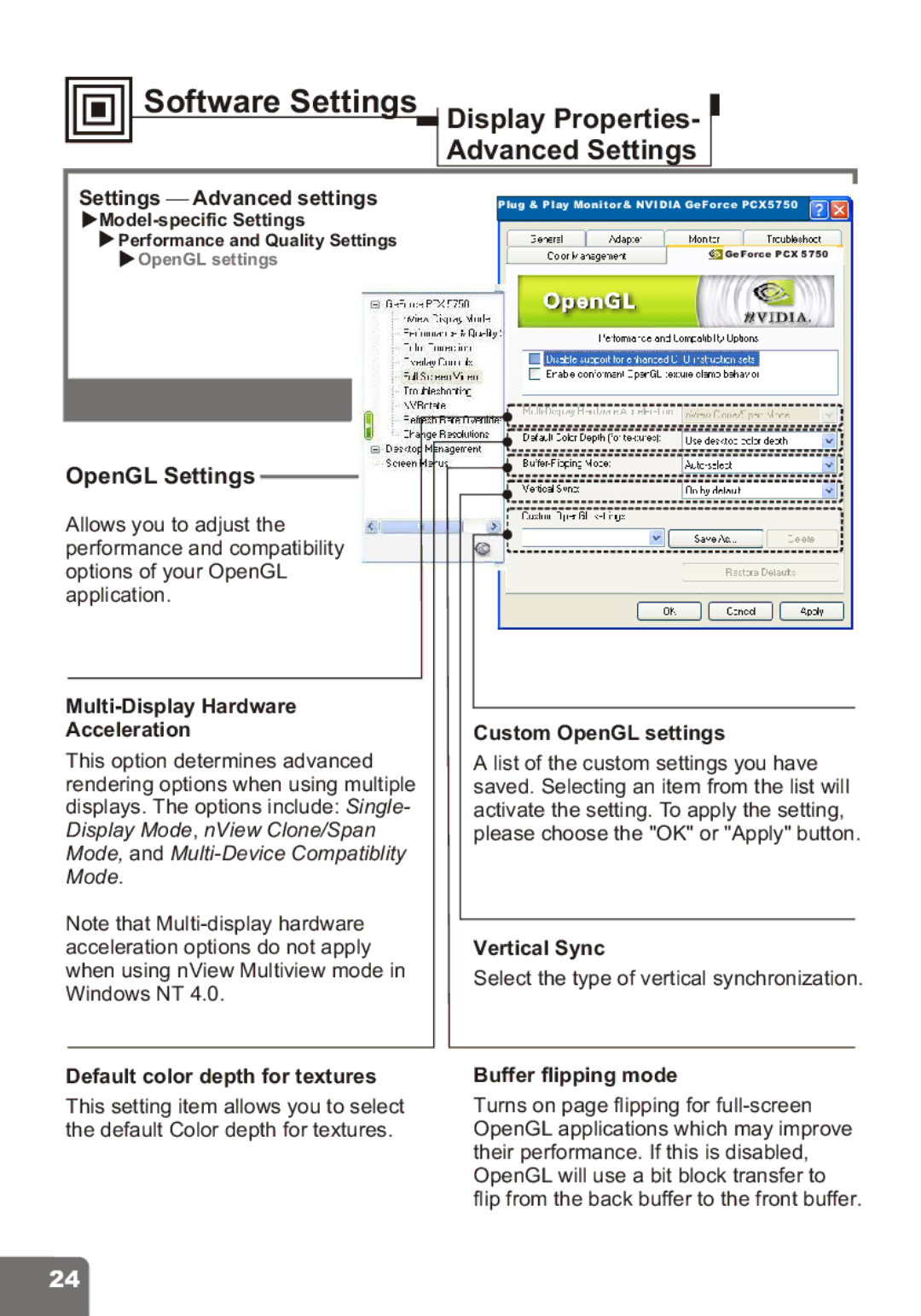 Nvidia PCI Express Series user manual Multi-Display Hardware Acceleration Custom OpenGL settings, Vertical Sync 