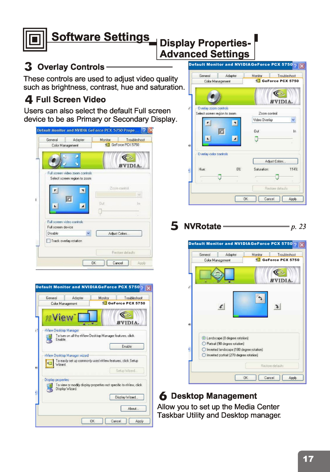 Nvidia PCI Express Series user manual Overlay Controls, Full Screen Video, NVRotate, Desktop Management, Software Settings 